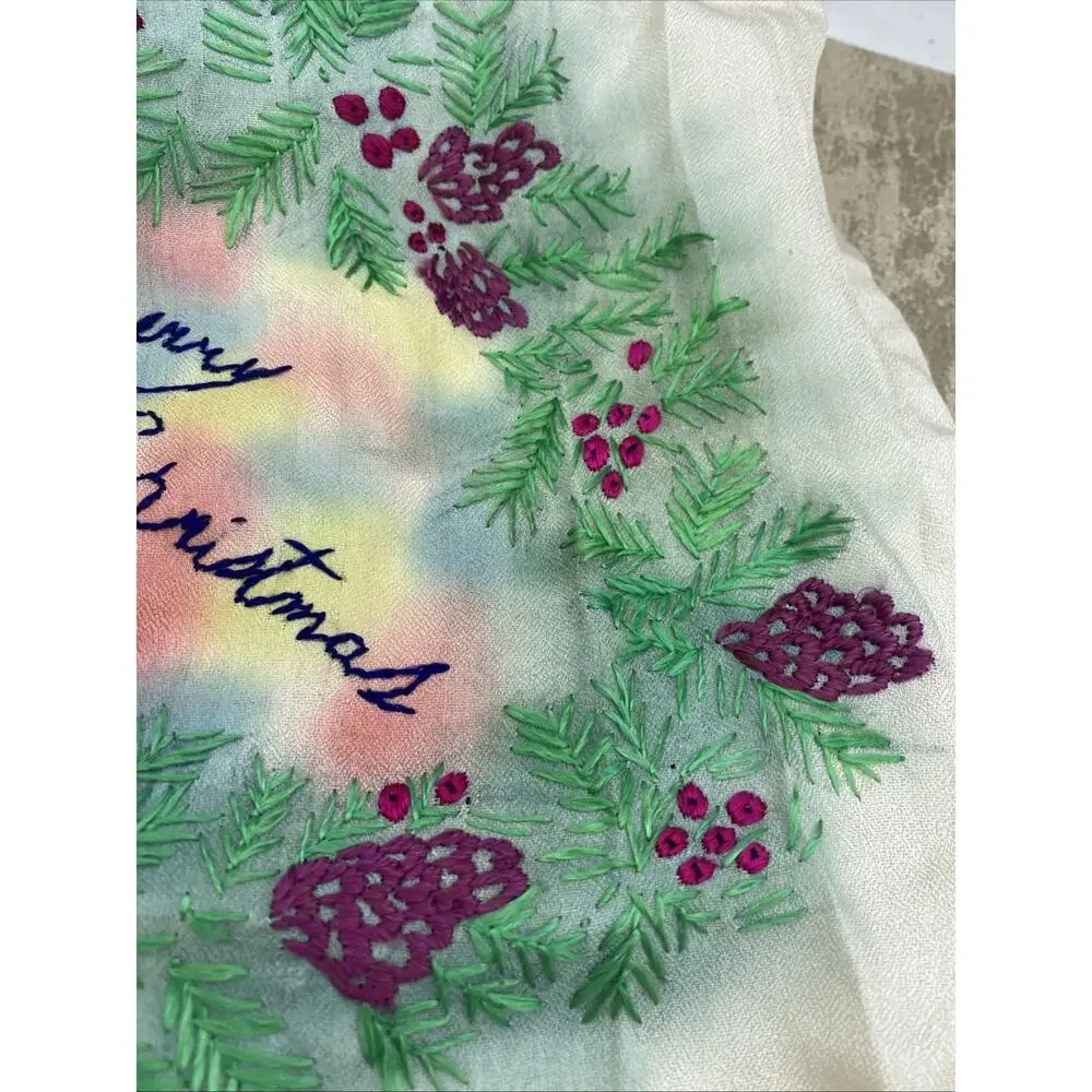 Antique Handmade Embroidered Christmas Scarf 27”X 27” Multicolored